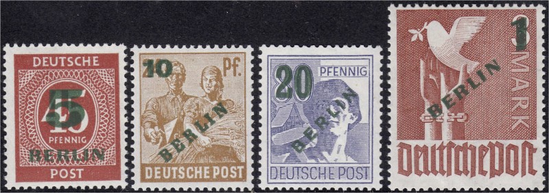 Briefmarken, Deutschland, Berlin
Grünaufdruck 1949, kompletter Satz in postfrisc...