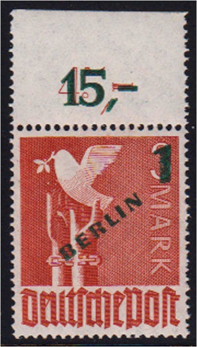Briefmarken, Deutschland, Berlin
1 M Grünaufdruck 1949, postfrisch vom Oberrand,...