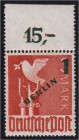 Briefmarken, Deutschland, Berlin
1 M Grünaufdruck 1949, postfrisch vom Oberrand, signiert Dr. Oertel. Michel 400,-€. **