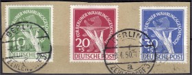 Briefmarken, Deutschland, Berlin
Währungsgeschädigte 1949, sauber gestempelt auf Briefstück, 10 Pf. mit Plattenfehler II (grüner Punkt rechts am Handg...