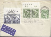 Briefmarken, Deutschland, Berlin
Währungsgeschädigte/Philharmonie 1949/50, waagerechtes Paar vom Oberrand mit kpl. Bogenzählernummer, Lupostbrief in d...