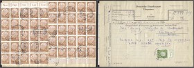 Briefmarken, Deutschland, Bundesrepublik Deutschland
4 Pfg. Heuß 1954/59, sehr interessante Frankatur der Mi-Nr. 178, 2x als 25er Einheit, teils OR bz...