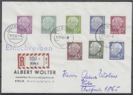 Briefmarken, Deutschland, Bundesrepublik Deutschland
Heuss-Lumogen 1954/60, sauber gestempelter Satz auf R-Brief. Fotobefund Schlegel BPP. Mi. 450,-€....