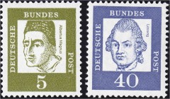 Briefmarken, Deutschland, Bundesrepublik Deutschland
Bedeutende Deutsche-Rollenmarken 1961, zwei postfrische Werte ohne Fluoreszenz, rückseitige Numme...