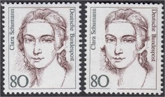 Briefmarken, Deutschland, Bundesrepublik Deutschland
80 Pf. Frauen der deutschen Geschichte 1986, postfrisch, Plattenfehler I (Landesinschrift dkl`bra...