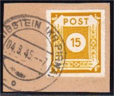 Briefmarken, Deutschland, Alliierte Besetzung (Sowjetische Zone Allgemein)
15 Pfg. dunkelbraungelb 1945, mit Durchstich 9 3/4-10 vom Postamt Pirna, he...