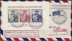 Briefmarken, Deutschland, Alliierte Besetzung (Amerikanische u. Brit. Zone)
Exportmesse-Block 1949, tadellos auf sehr schönem Luftpost-Ersttagsbrief m...