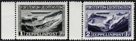 Briefmarken, Ausland, Liechtenstein
Zeppelin 1 Fr. u. 2 Fr. 1931, linker Seitenrand, postfrische Luxuserhaltung. Mi. 700,-€. **