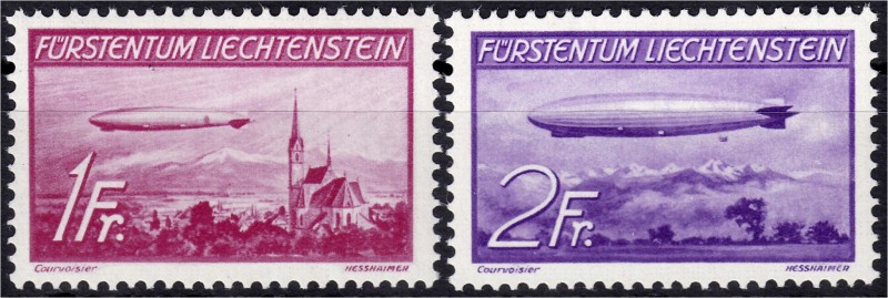 Briefmarken, Ausland, Liechtenstein
1 Fr. + 2 Fr. Zeppeline 1936, postfrische Ka...
