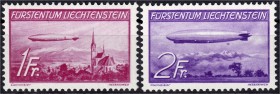 Briefmarken, Ausland, Liechtenstein
1 Fr. + 2 Fr. Zeppeline 1936, postfrische Kabinetterhaltung.. Mi. 280,-€. **