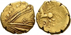 CELTIC, Northeast Gaul. Remi. Late 2nd to mid 1st century BC. Stater (Gold, 18 mm, 6.14 g, 12 h), 'à l'oeil' type. Devolved and disjointed laureate ma...