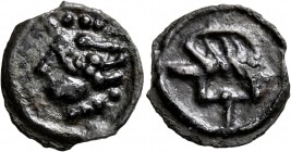 CELTIC, Northwest Gaul. Senones. Circa 100-60 BC. Cast unit (Potin, 18 mm, 3.44 g, 3 h), 'aux globules et sanglier-enseigne' type. Head to left, with ...