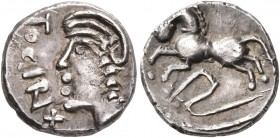 CELTIC, Central Gaul. Sequani. Mid 1st century BC. Quinarius (Silver, 13 mm, 1.91 g, 8 h), Togirix. TOGIRIX Celticized head of Roma to left. Rev. [TOG...