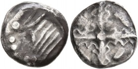 CELTIC, Southern Gaul. Uncertain tribe. Circa 2nd century BC. Drachm (Silver, 16 mm, 4.57 g), imitating Rhode. Devolved and disjointed head of Perseph...