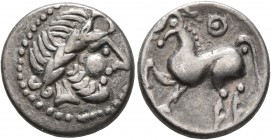 CELTIC, Middle Danube. Uncertain tribe. 2nd-1st centuries BC. Drachm (Silver, 15 mm, 2.36 g, 1 h), 'Kugelwange' type. Celticized laureate head of Zeus...