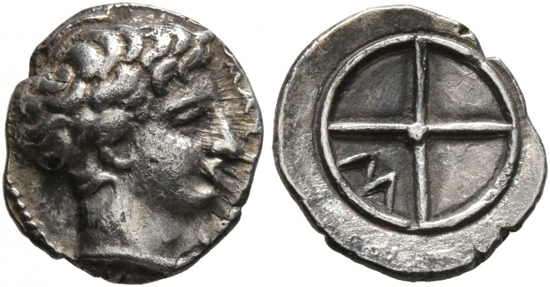 GAUL. Massalia. Circa 410-380 BC. Obol (Silver, 10 mm, 0.78 g). MAΣΣAΛIΩ Horned ...