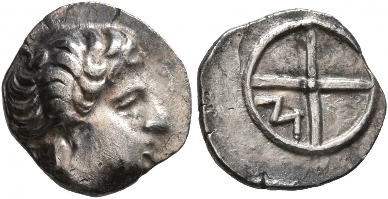 GAUL. Massalia. 380-336 BC. Obol (Silver, 10 mm, 0.78 g). Horned head of Lakydon...