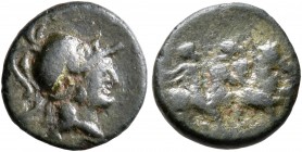 APULIA. Caelia. Circa 220-150 BC. Semiuncia (Bronze, 11 mm, 1.00 g, 2 h). Head of Athena to right, wearing crested Corinthian helmet. Rev. The Dioskou...
