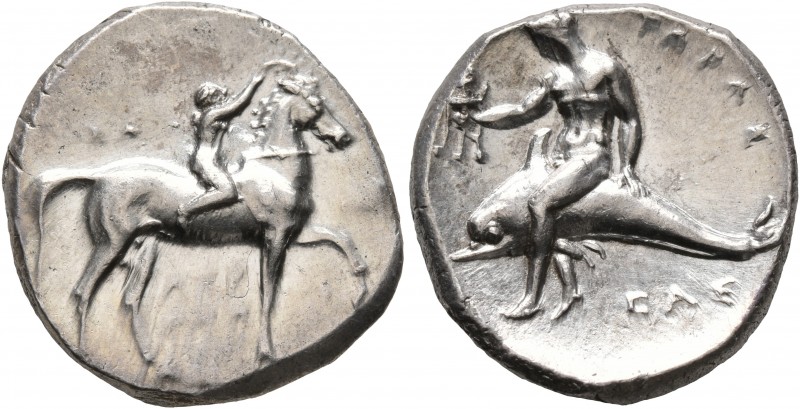CALABRIA. Tarentum. Circa 280 BC. Didrachm or Nomos (Silver, 21 mm, 7.89 g, 7 h)...
