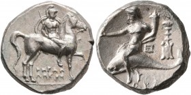 CALABRIA. Tarentum. Circa 272-240 BC. Didrachm or Nomos (Silver, 19 mm, 6.54 g, 6 h), Herakletos, magistrate. Nude rider on horse walking to right, ho...