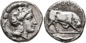 LUCANIA. Thourioi. Circa 350-300 BC. Didrachm or Nomos (Silver, 20 mm, 7.55 g, 5 h). Head of Athena to right, wearing helmet adorned, on the bowl, wit...