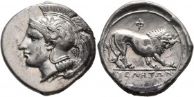 LUCANIA. Velia. Circa 340-334 BC. Didrachm or Nomos (Silver, 24 mm, 7.31 g, 4 h). Head of Athena to left, wearing crested Attic helmet adorned with a ...