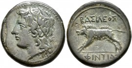 SICILY. Akragas. Phintias, tyrant, 287-279 BC. AE (Bronze, 22 mm, 6.43 g, 1 h), circa 282-279. Head of Apollo (?) to left, wearing wreath of grain ear...