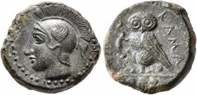 SICILY. Kamarina. Circa 420-405 BC. Tetras or Trionkion (Bronze, 15 mm, 3.48 g, 7 h). Head of Athena to left, wearing crested Attic helmet. Rev. KAMA ...