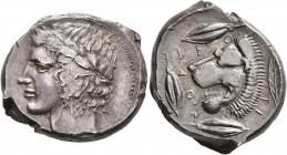 SICILY. Leontini. Circa 430-425 BC. Tetradrachm (Silver, 27 mm, 17.35 g, 4 h). Laureate head of Apollo to left. Rev. ΛE-O-N-TI-N-ON Head of a roaring ...