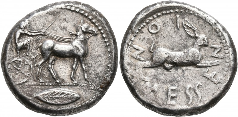 SICILY. Messana. 475-471 BC. Tetradrachm (Silver, 26 mm, 17.19 g, 12 h). Chariot...