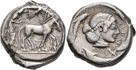 SICILY. Syracuse. Deinomenid Tyranny, 485-466 BC. Tetradrachm (Silver, 23 mm, 17.35 g, 10 h), circa 478-475. Charioteer driving quadriga walking to ri...