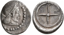 SICILY. Syracuse. Deinomenid Tyranny, 485-466 BC. Obol (Silver, 10 mm, 0.70 g), circa 475-470. Diademed head of Arethusa to right, wearing single-pend...