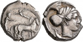 SICILY. Syracuse. Second Democracy, 466-405 BC. Tetradrachm (Silver, 25 mm, 17.91 g, 9 h), circa 430-420. Charioteer driving quadriga walking to right...