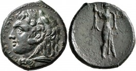 SICILY. Syracuse. Pyrrhos, 278-276 BC. AE (Bronze, 25 mm, 9.56 g, 1 h). ΣYPAKOΣIΩN Head of Herakles to left, wearing lion skin headdress. Rev. Athena ...