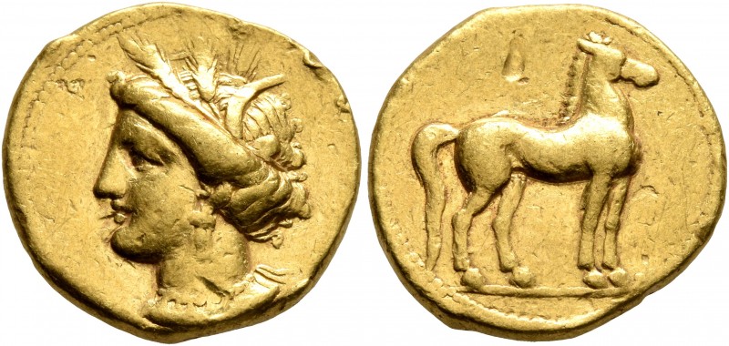 CARTHAGE. Circa 350-320 BC. Stater (Gold, 19 mm, 9.60 g, 7 h). Head of Tanit to ...