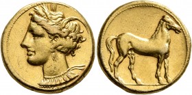 CARTHAGE. Circa 290-270 BC. Stater (Electrum, 19 mm, 7.42 g, 12 h). Head of Tanit to left, wearing wreath of grain ears, triple-pendant earring and el...