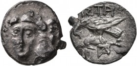 MOESIA. Istros. Circa 280-256/5 BC. Trihemiobol (Silver, 12 mm, 0.94 g). Two young male heads facing, side by side, one upright, the other inverted. R...