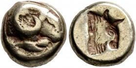 LESBOS. Mytilene. Circa 521-478 BC. Hekte (Electrum, 10 mm, 2.48 g, 9 h). Head of a ram to right; below, rooster standing right, pecking at the ground...