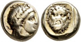 LESBOS. Mytilene. Circa 377-326 BC. Hekte (Electrum, 10 mm, 2.57 g, 6 h). Head of Dionysos to right, wearing wreath of ivy and fruit. Rev. Facing head...