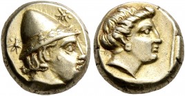 LESBOS. Mytilene. Circa 377-326 BC. Hekte (Electrum, 10 mm, 2.55 g, 7 h). Head of Kabeiros to right, wearing wreathed cap; two stars flanking. Rev. He...