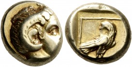 LESBOS. Mytilene. Circa 377-326 BC. Hekte (Electrum, 10 mm, 2.53 g, 8 h). Head of Apollo Karneios to right, wearing horn of Ammon over his ear. Rev. E...