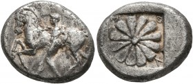 IONIA. Erythrai. Circa 480-450 BC. Drachm (Silver, 16 mm, 4.64 g, 9 h). Nude male leading horse to left, holding reins. Rev. E-P-Y-Θ Rosette pattern; ...