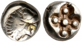 IONIA. Miletos. Circa 600-546 BC. Hemihekte – 1/12 Stater (Electrum, 7 mm, 1.14 g). Forepart of a lion to right. Rev. Stellate pattern within conformi...