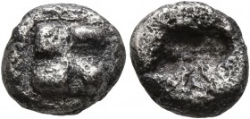 IONIA. Uncertain. Circa 625-600 BC. Diobol (Silver, 9 mm, 1.00 g). Raised swastika pattern. Rev. Rough incuse square. Naumann 62 (2018), 293. Corroded...