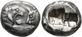 KINGS OF LYDIA. Kroisos, circa 560-546 BC. Siglos (Silver, 15 mm, 5.31 g), Sardes. Confronted foreparts of a lion and a bull. Rev. Two incuse squares,...