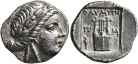 LYCIA. Olympos. Circa 84-77 BC. Drachm (Silver, 15 mm, 2.42 g, 1 h). Laureate head of Apollo to right. Rev. OΛYMΠH / Π-M Kithara; to lower left, torch...