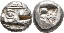 LYCIA. Phaselis. Circa 500-480 BC. Stater (Silver, 19 mm, 10.90 g). Forepart of a galley to left, terminating in a boar's forepart; below, [dolphin]. ...