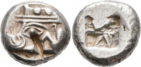 LYCIA. Phaselis. Circa 500-480 BC. Stater (Silver, 19 mm, 11.00 g). Forepart of a galley to left, terminating in a boar's forepart; below, [dolphin]. ...