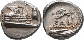 LYCIA. Phaselis. 4th century BC. Stater (Silver, 21 mm, 10.38 g, 7 h). Prow of a galley to right; fighting platform decorated with a gorgoneion; befor...