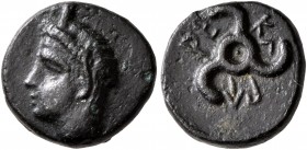 DYNASTS OF LYCIA. Perikles, circa 380-360 BC. AE (Bronze, 13 mm, 2.00 g). Horned head of Pan to left. Rev. &#66195;&#66177;-&#66197;&#66182;-&#66187;&...